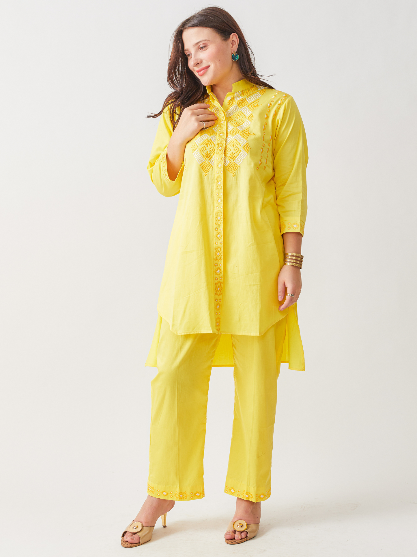 Fika Yellow Tunic Set With Beautiful Folk  Embroidery