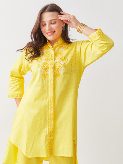 Fika Yellow Tunic Set With Beautiful Folk  Embroidery