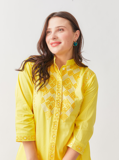 Fika Yellow Tunic Set With Beautiful Folk  Embroidery