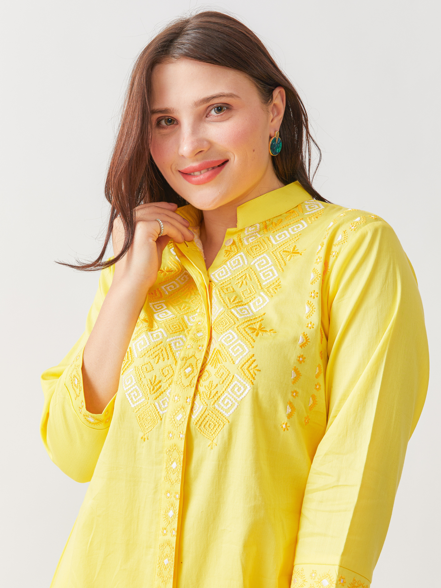 Fika Yellow Tunic Set With Beautiful Folk  Embroidery