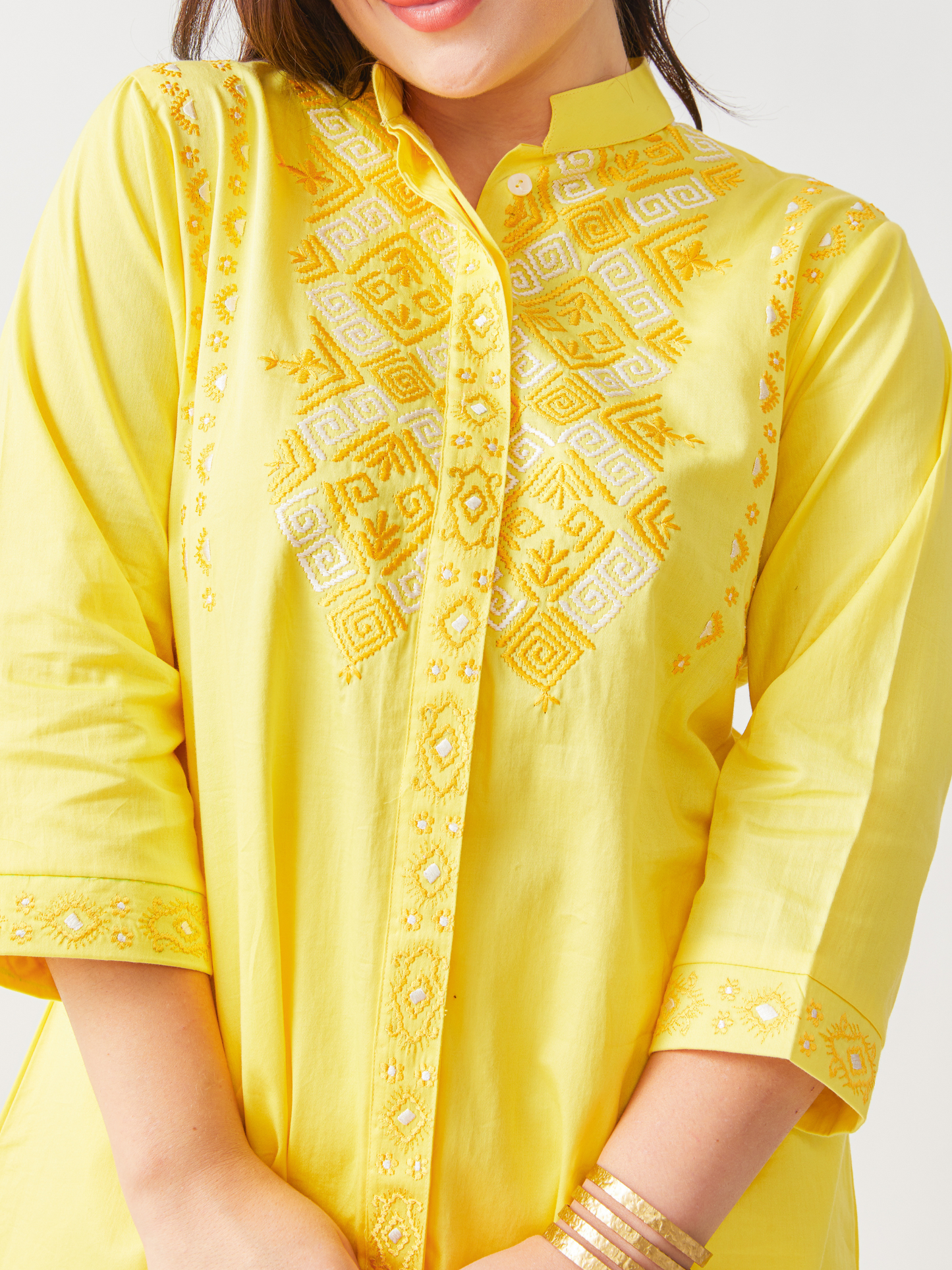 Fika Yellow Tunic Set With Beautiful Folk  Embroidery