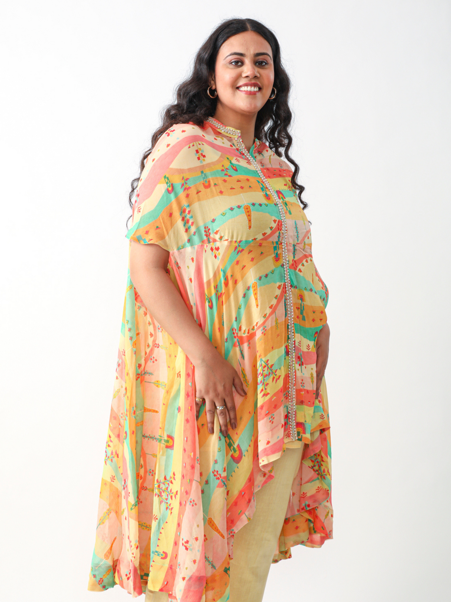 Koa Cape Style Tunic Set in Pastel Digital Georgette Print With Lace Detailings