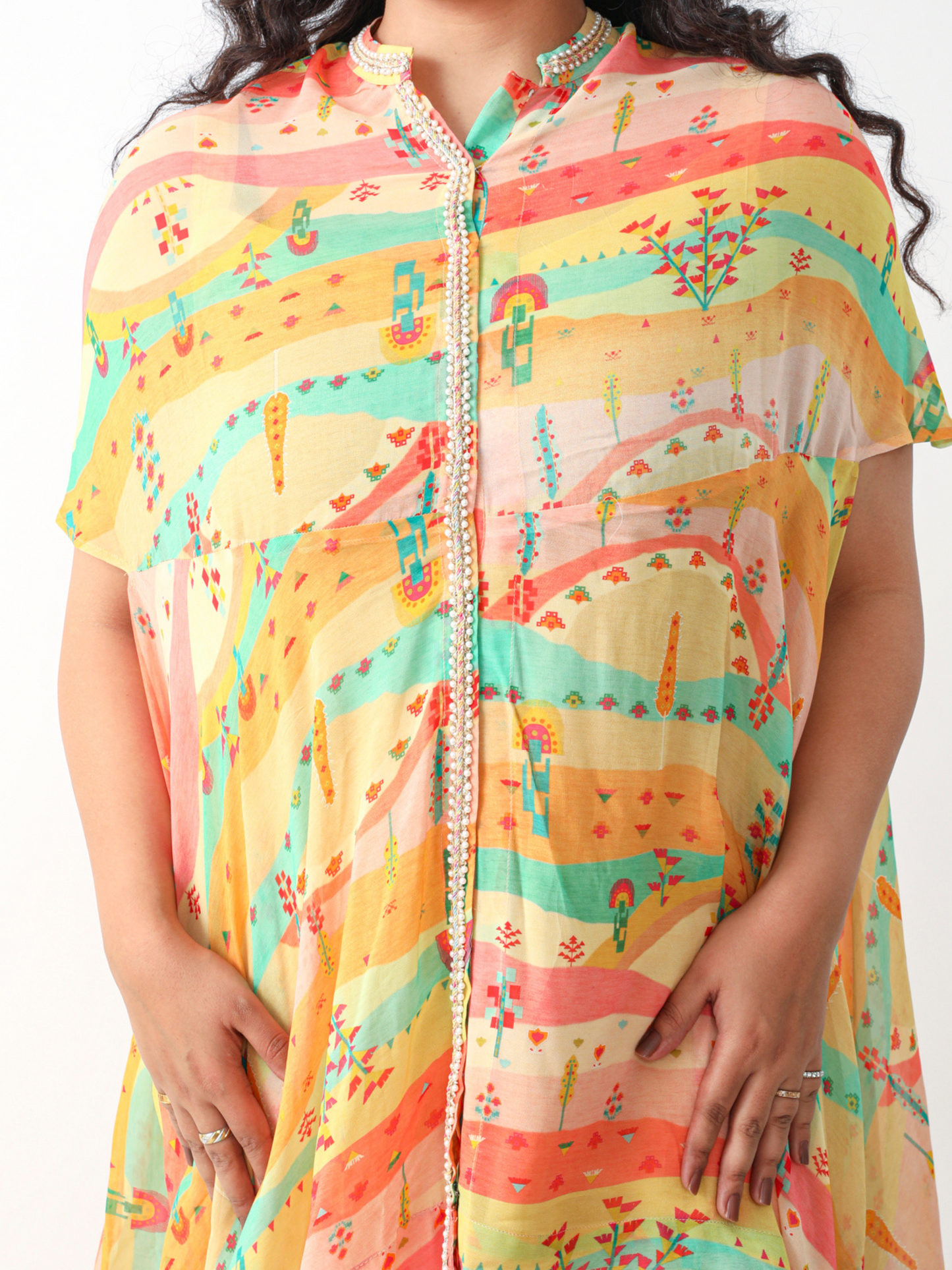 Koa Cape Style Tunic Set in Pastel Digital Georgette Print With Lace Detailings