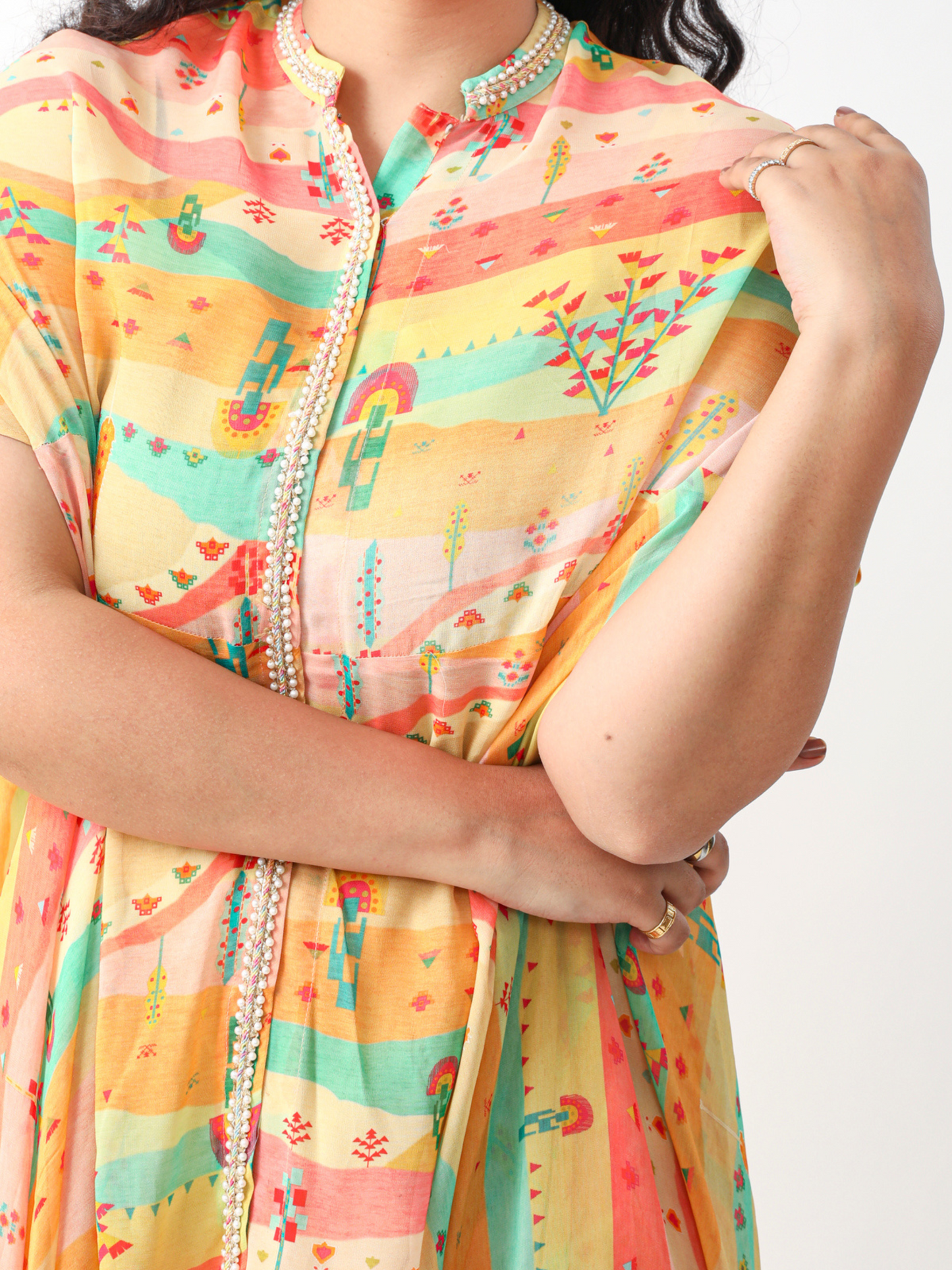 Koa Cape Style Tunic Set in Pastel Digital Georgette Print With Lace Detailings