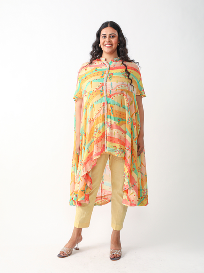 Koa Cape Style Tunic Set in Pastel Digital Georgette Print With Lace Detailings