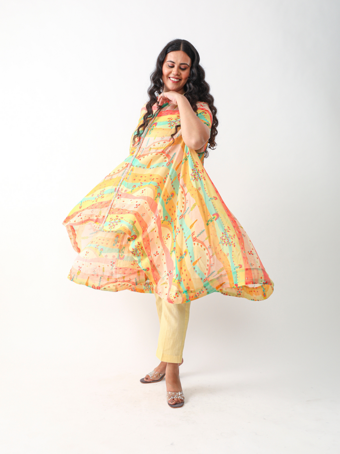 Koa Cape Style Tunic Set in Pastel Digital Georgette Print With Lace Detailings