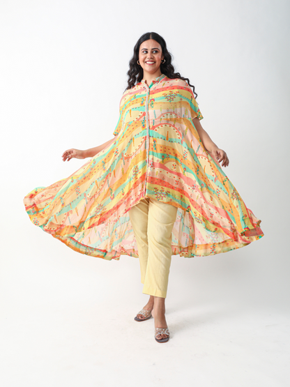 Koa Cape Style Tunic Set in Pastel Digital Georgette Print With Lace Detailings