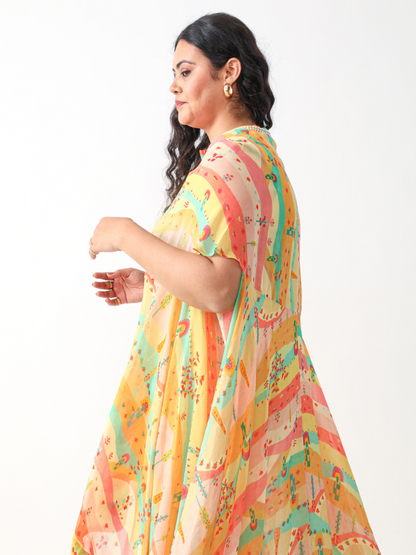 Koa Cape Style Tunic Set in Pastel Digital Georgette Print With Lace Detailings