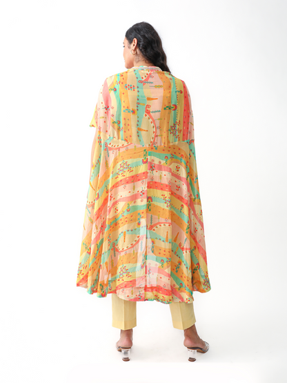 Koa Cape Style Tunic Set in Pastel Digital Georgette Print With Lace Detailings