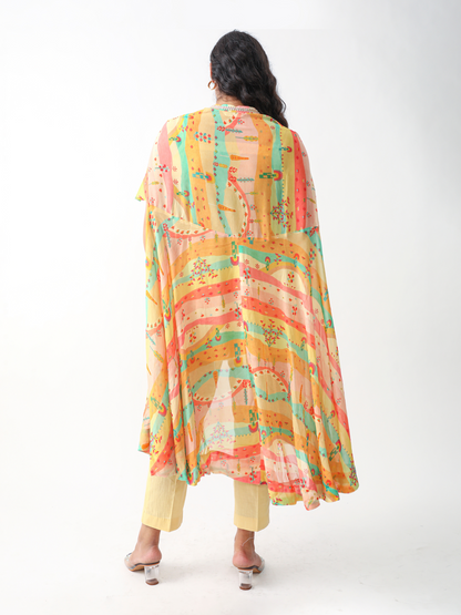 Koa Cape Style Tunic Set in Pastel Digital Georgette Print With Lace Detailings