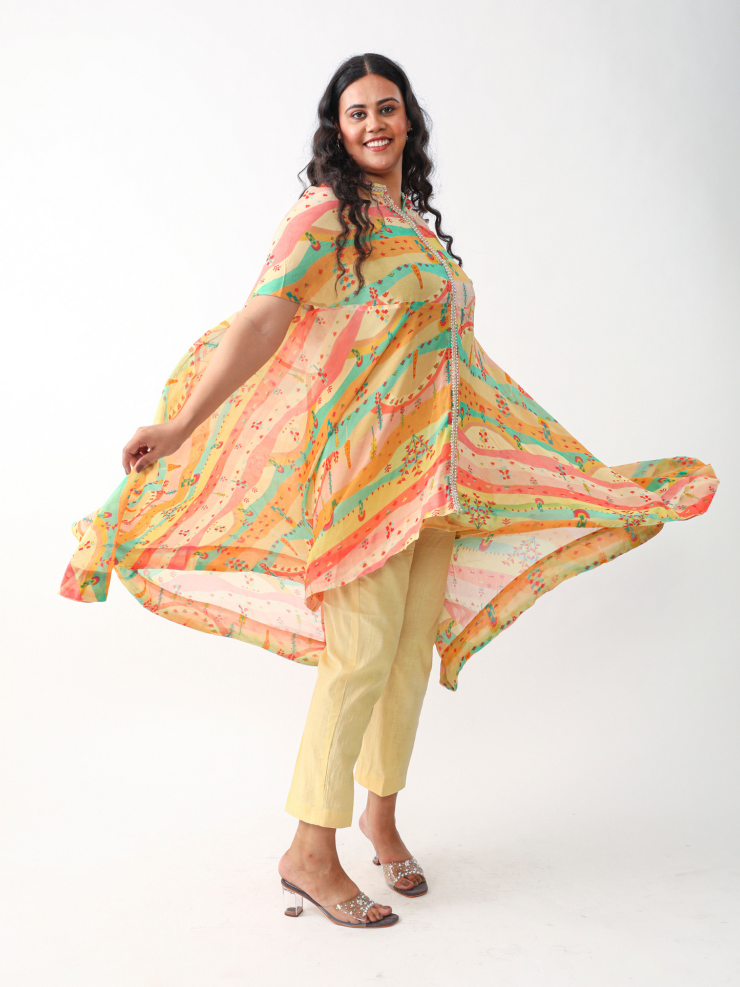 Koa Cape Style Tunic Set in Pastel Digital Georgette Print With Lace Detailings