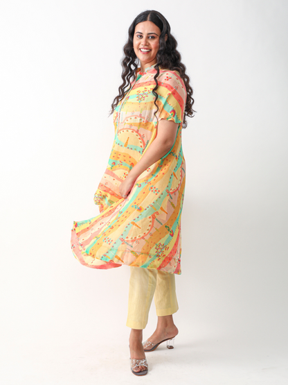 Koa Cape Style Tunic Set in Pastel Digital Georgette Print With Lace Detailings