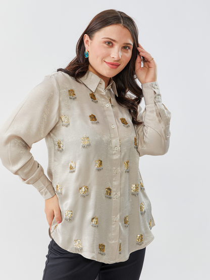 Emma Gold Grey Shirt With Hand Embroidery