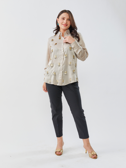 Emma Gold Grey Shirt With Hand Embroidery