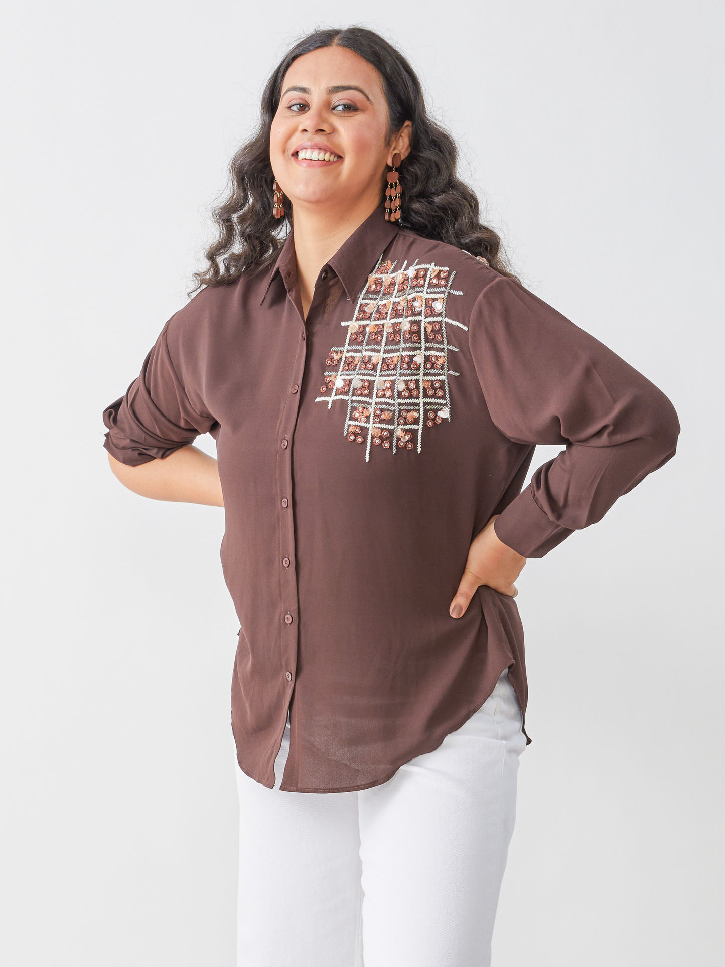 Fete Brown Shirt With Hand Embroidery