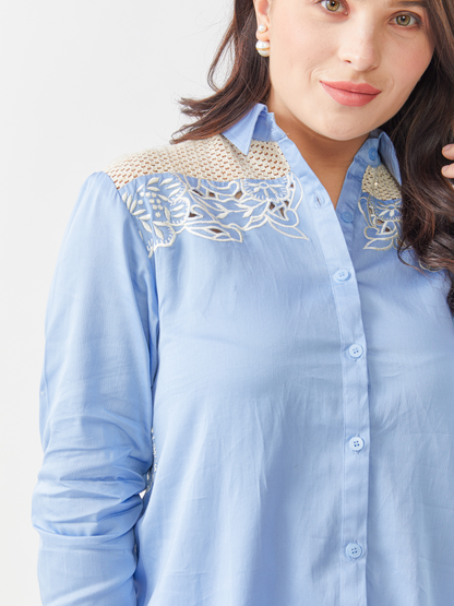 Fika Sky Blue Shirt With Crotchet Yoke And Embroidery