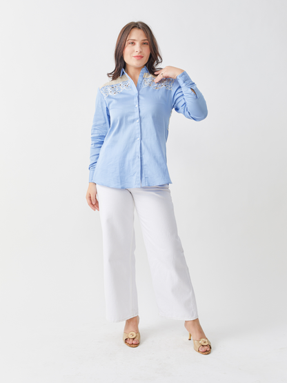 Fika Sky Blue Shirt With Crotchet Yoke And Embroidery