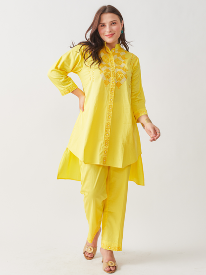 Fika Yellow Tunic Set With Beautiful Folk  Embroidery