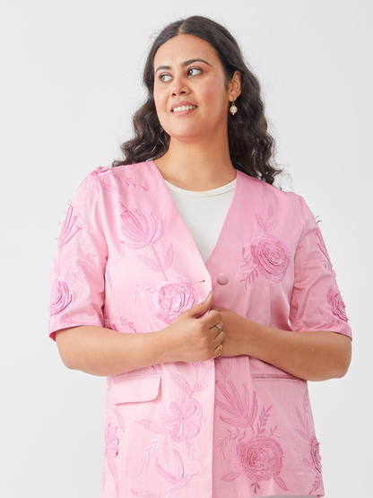 Flamigo Pink Summer Jacket With Tonal 3D Embroidery