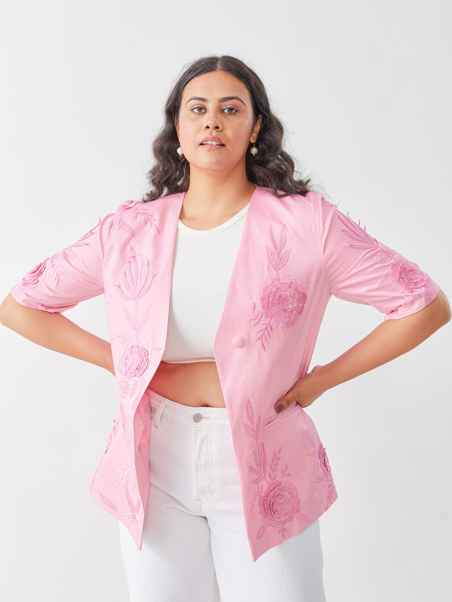 Flamigo Pink Summer Jacket With Tonal 3D Embroidery