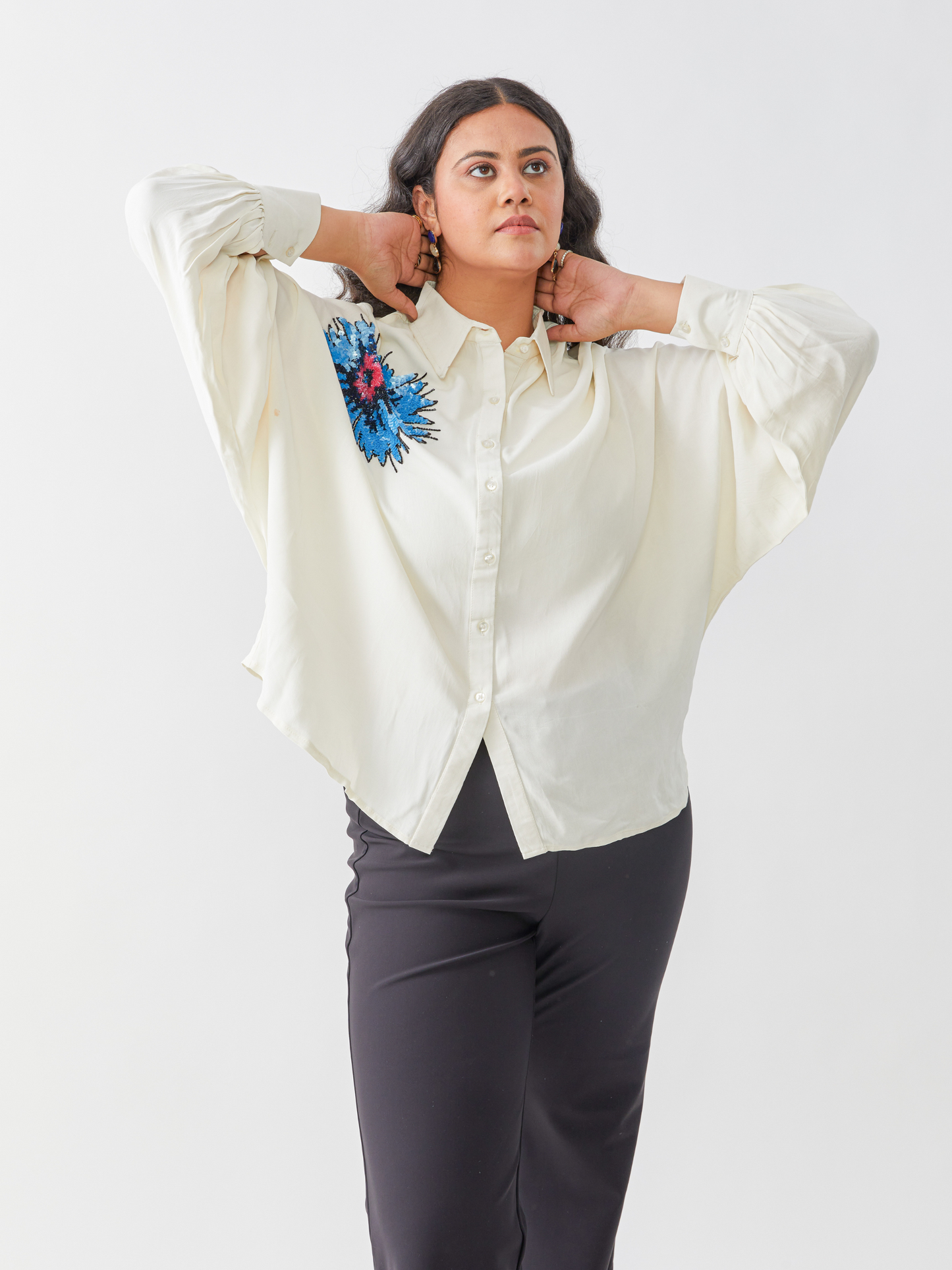 Koa White Butterfly Sleeve Shirt With Hand Embroidery