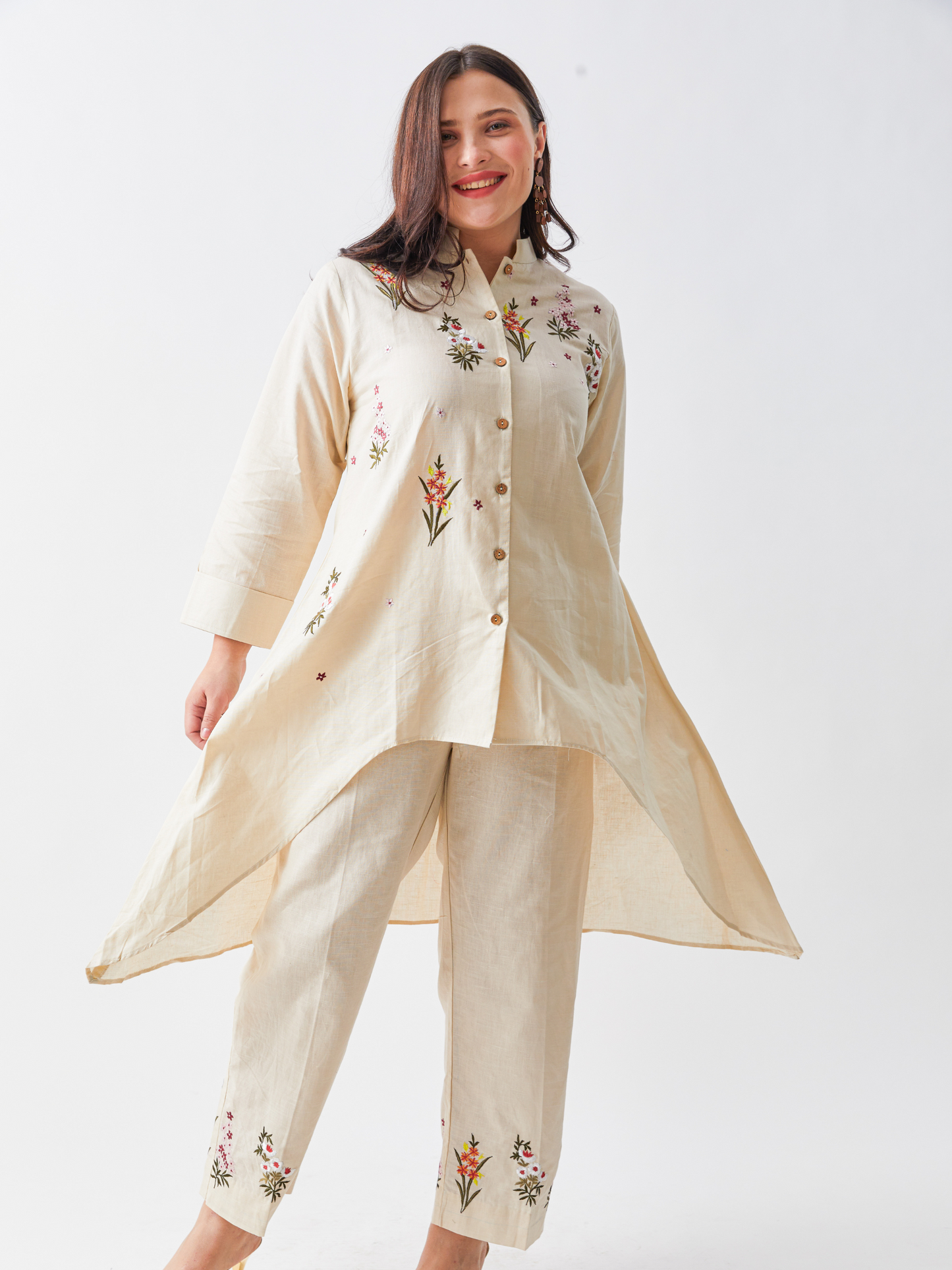 Lagom Ecru Cotton Linen Tunic Set With Floral Embroidery