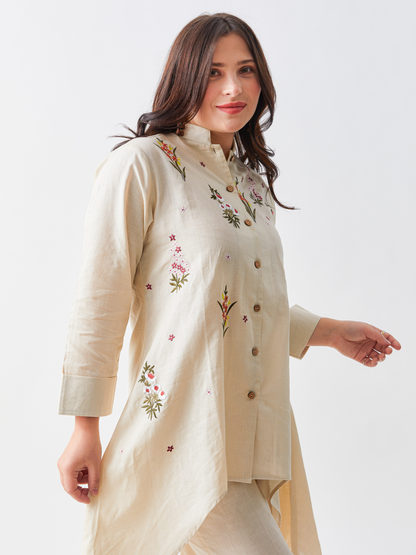 Lagom Ecru Cotton Linen Tunic Set With Floral Embroidery