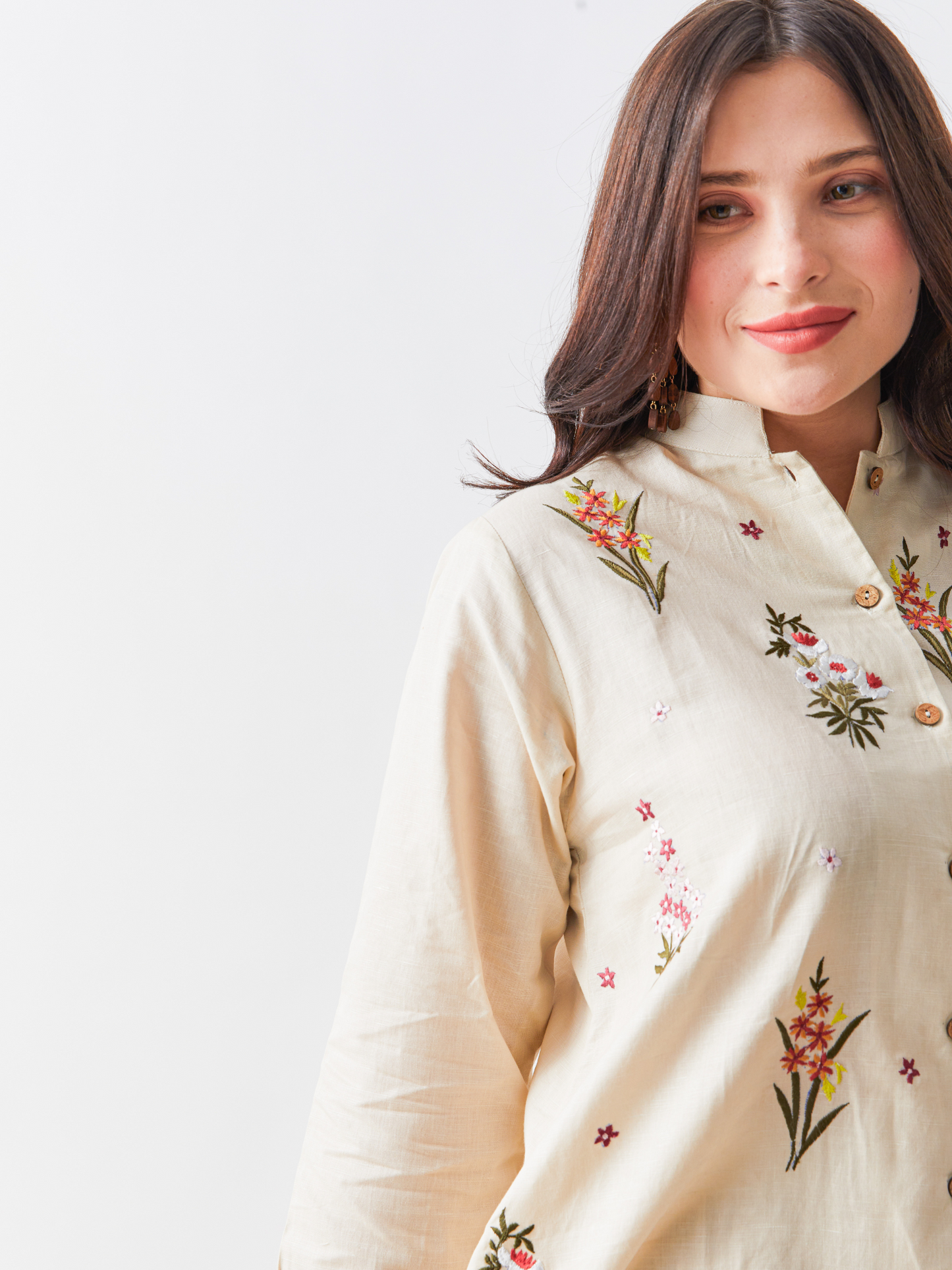 Lagom Ecru Cotton Linen Tunic Set With Floral Embroidery