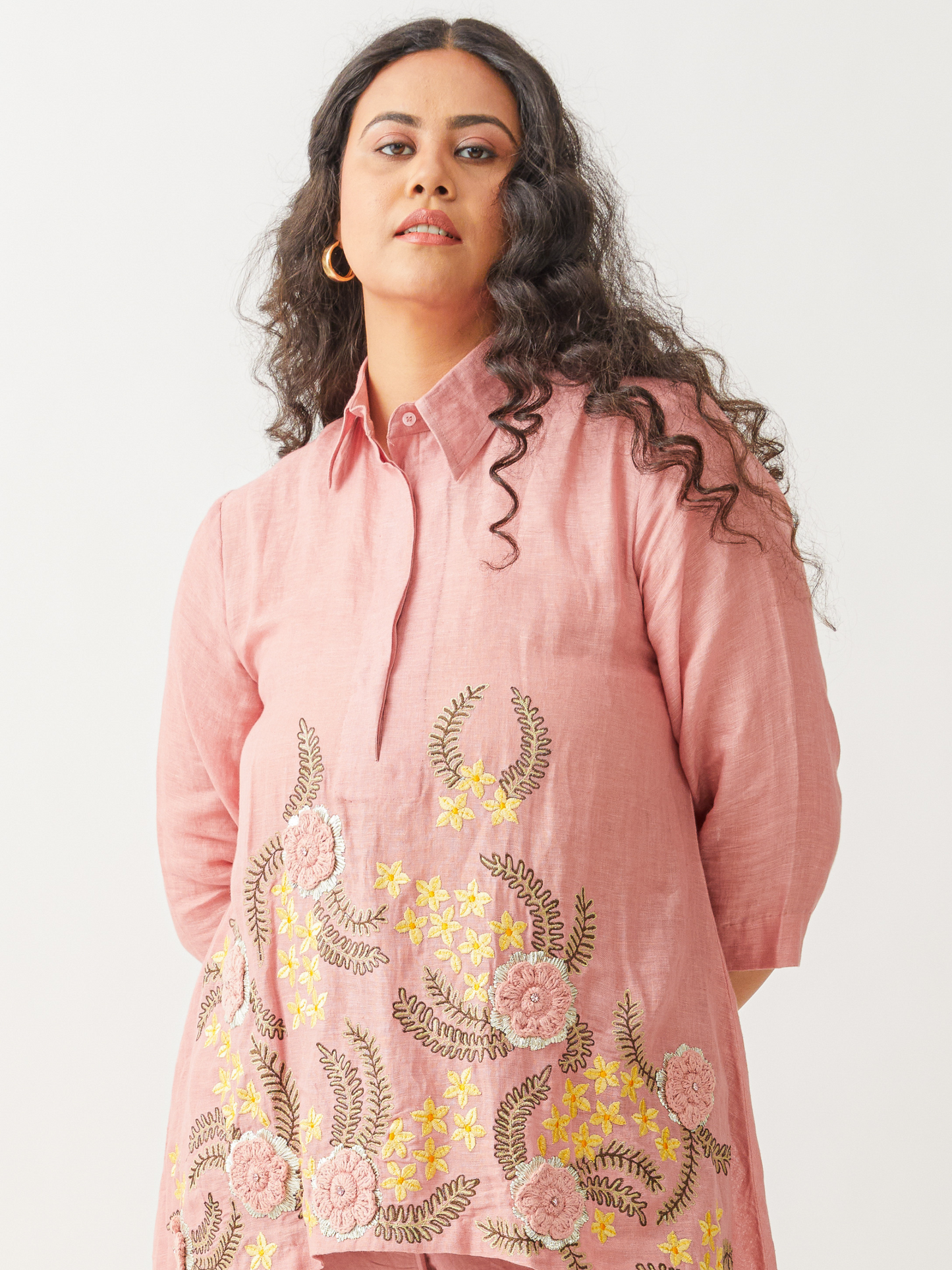 Lagom Turkish Rose Pink Tunic Set In Linen With Crochet Embroidery