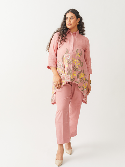 Lagom Turkish Rose Pink Tunic Set In Linen With Crochet Embroidery