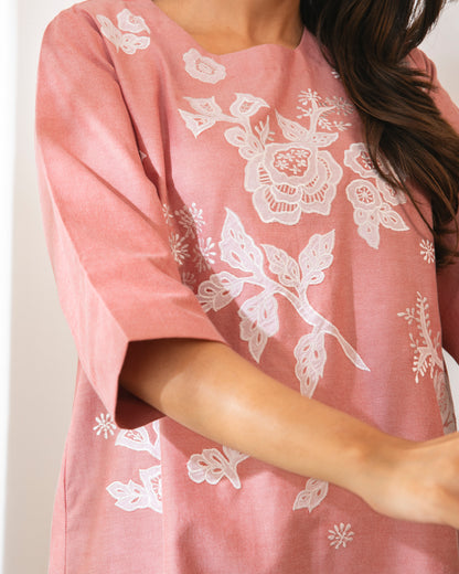 Floral Appliqued Red Cotton Chambrey Tunic Set