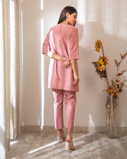 Floral Appliqued Red Cotton Chambrey Tunic Set