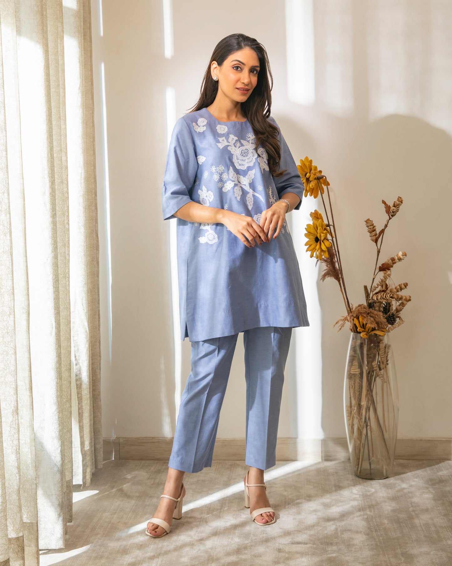 Floral Appliqued Cotton Chambrey Tunic Set