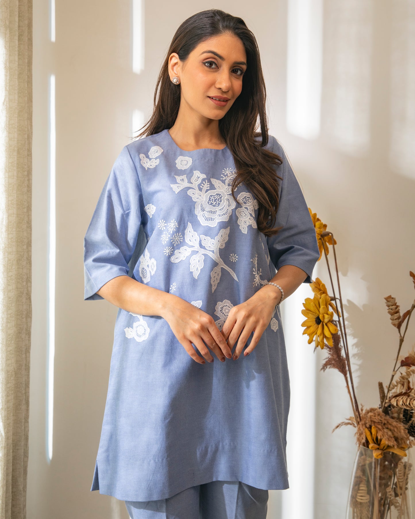 Floral Appliqued Cotton Chambrey Tunic Set