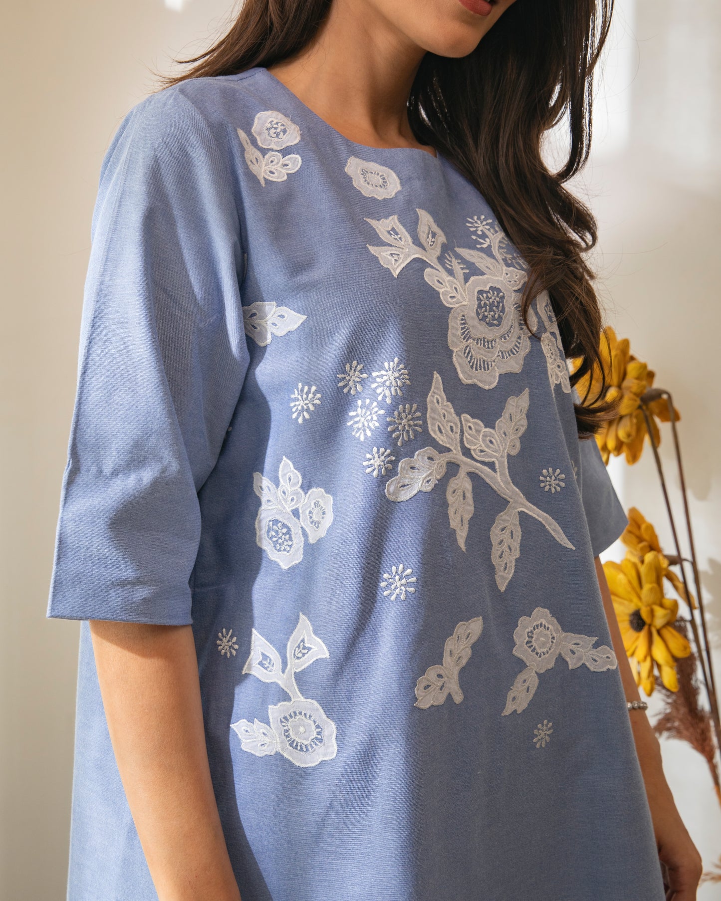 Floral Appliqued Cotton Chambrey Tunic Set