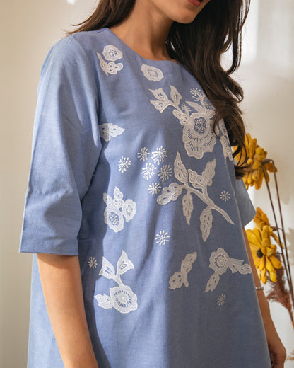 Floral Appliqued Cotton Chambrey Tunic Set