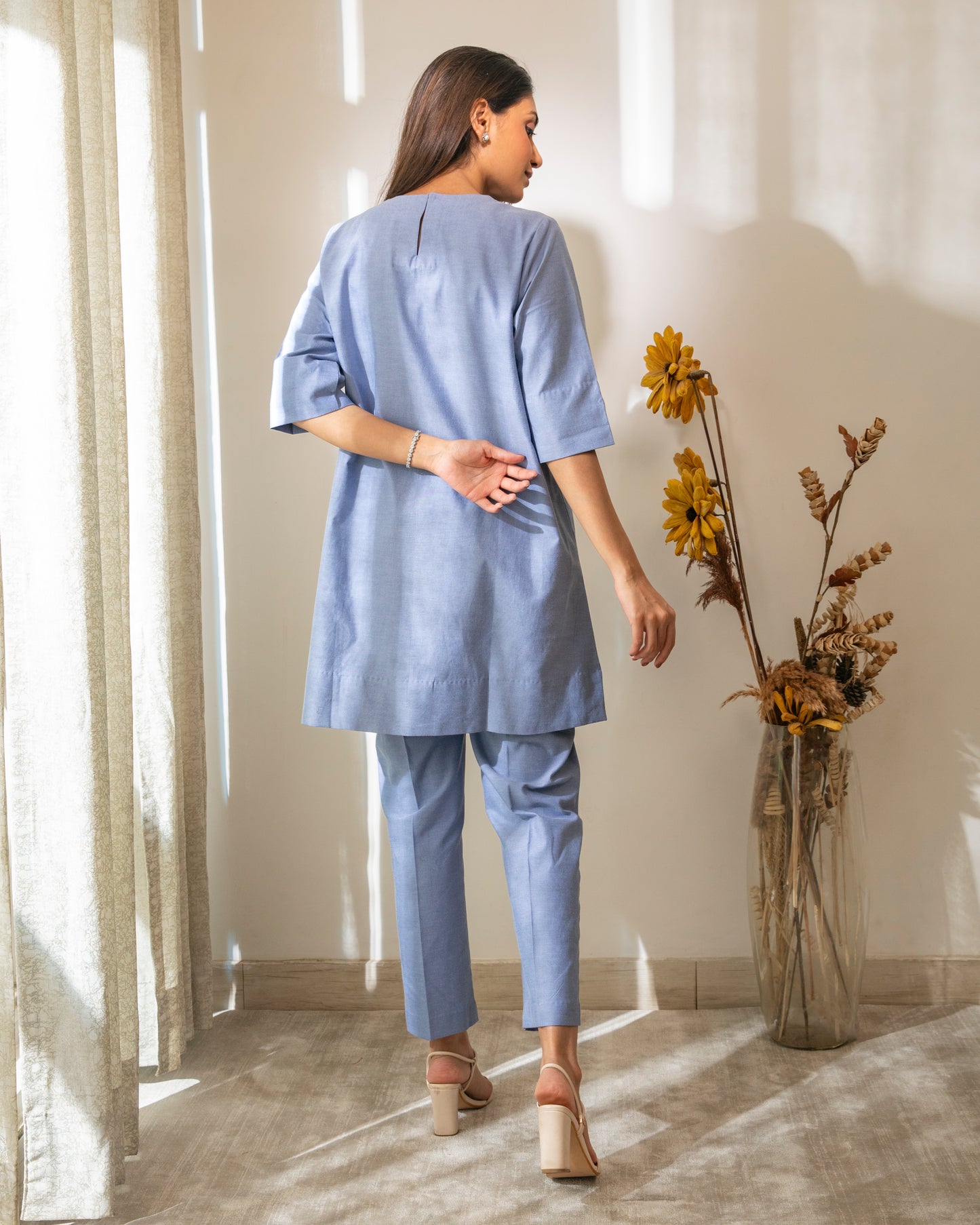 Floral Appliqued Cotton Chambrey Tunic Set