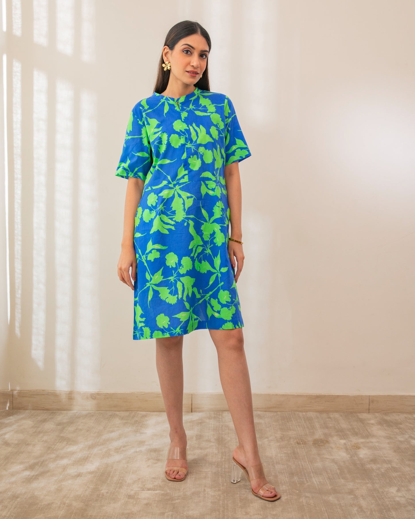 Beautiful Blue Green Digital Printed Cotton Short Dress