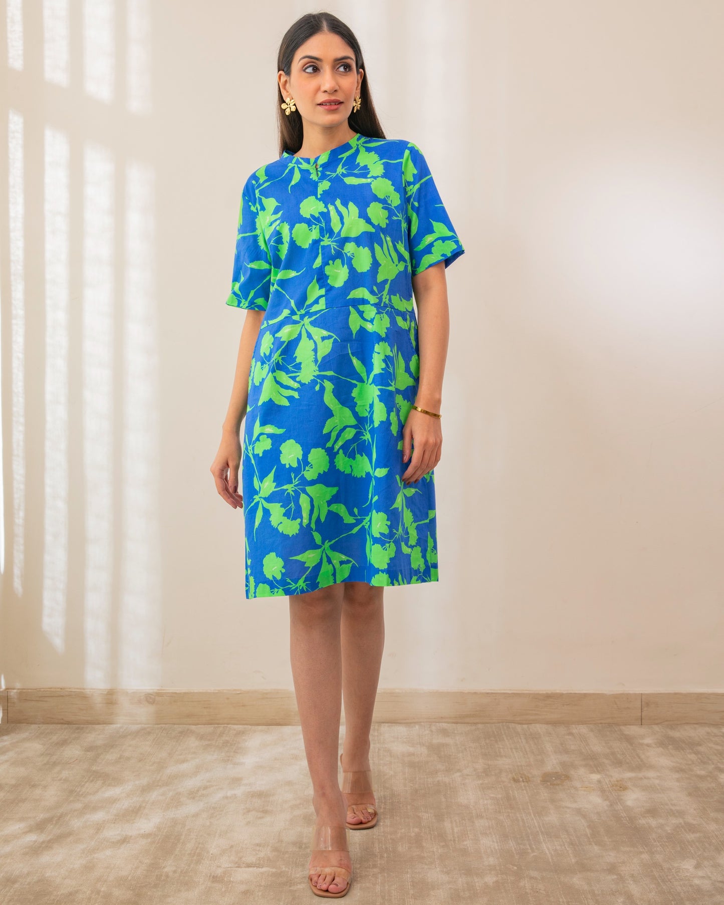 Beautiful Blue Green Digital Printed Cotton Short Dress
