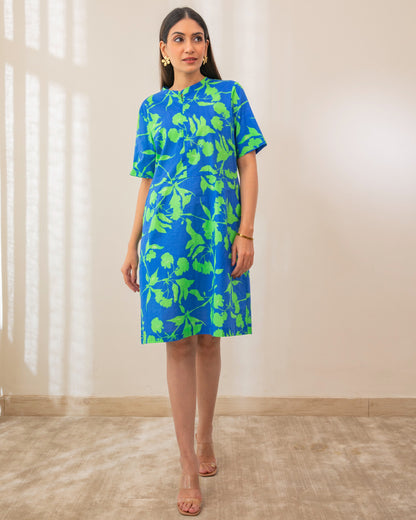 Beautiful Blue Green Digital Printed Cotton Short Dress