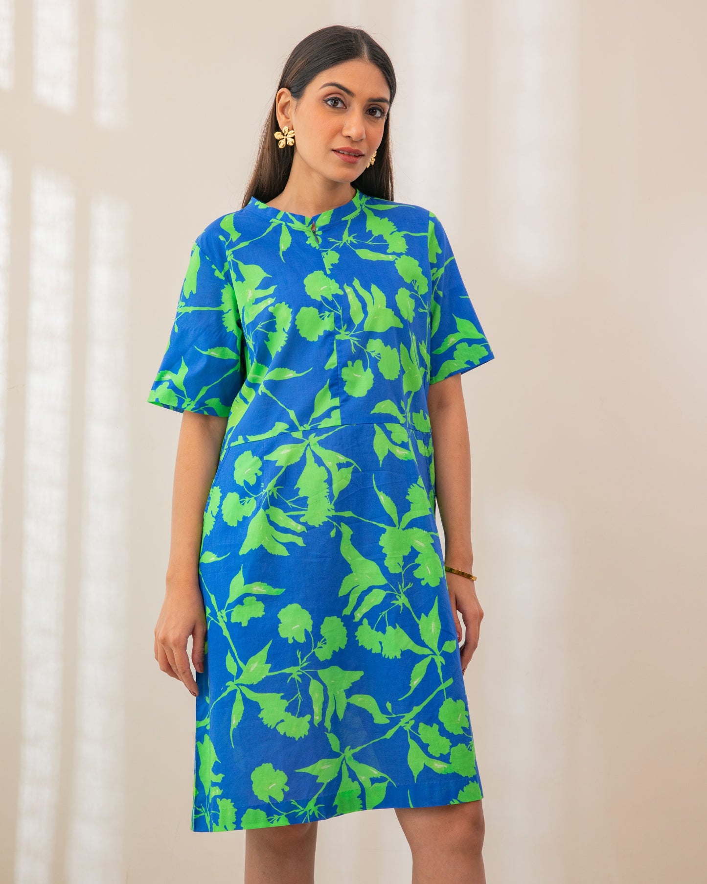 Beautiful Blue Green Digital Printed Cotton Short Dress