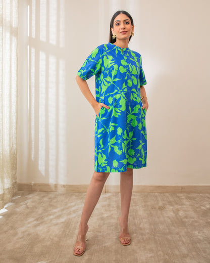 Beautiful Blue Green Digital Printed Cotton Short Dress